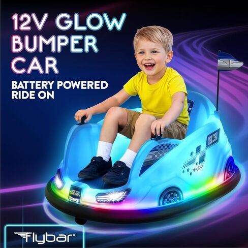 Flybar 12V Glow Bumper Car Ride On Toy - Indoor/Outdoor Toys, Toddler Toys, Bumper Cars, Kids Electric Car, w/ 360° Spins, Multi-Color LED Lights, Max Weight of 100lbs, Age 4-9yrs, Blue in Saudi Arabia