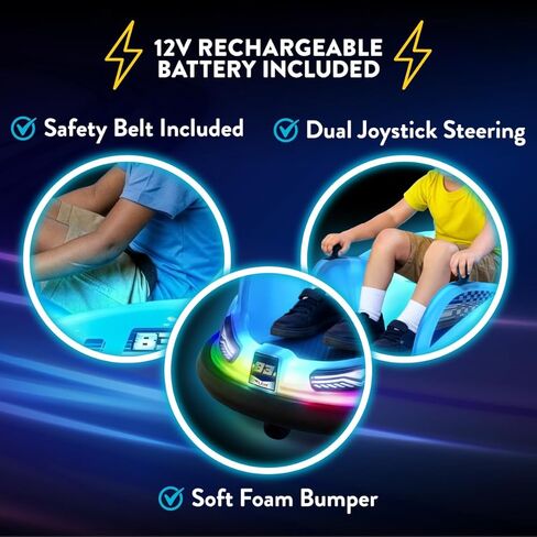 Flybar 12V Glow Bumper Car Ride On Toy - Indoor/Outdoor Toys, Toddler Toys, Bumper Cars, Kids Electric Car, w/ 360° Spins, Multi-Color LED Lights, Max Weight of 100lbs, Age 4-9yrs, Blue in Saudi Arabia
