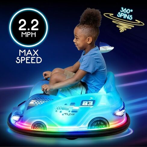 Flybar 12V Glow Bumper Car Ride On Toy - Indoor/Outdoor Toys, Toddler Toys, Bumper Cars, Kids Electric Car, w/ 360° Spins, Multi-Color LED Lights, Max Weight of 100lbs, Age 4-9yrs, Blue in Saudi Arabia