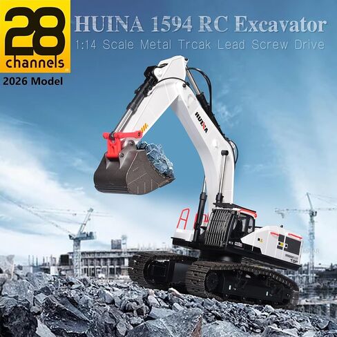 حفارة RC للبالغين Huina 1593 تعمل بكامل طاقتها بمقياس 1:14 22 قناة للتحكم عن بعد لعبة شاحنة بناء مع دلو معدني وأضواء LED وأصوات محاكاة 2 بطاريات وقابض in Saudi Arabia