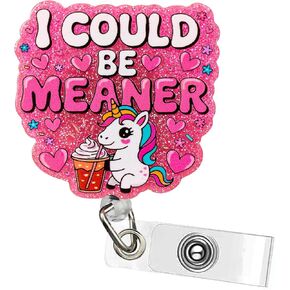 Funny Unicorn Badge Reel – “I Could Be Meaner" Retractable ID Holder with Alligator Clip | Cute Nurse Badge Holder for CNA, RN, Teachers & Students | Pink Gift for Women & Girls in Saudi Arabia