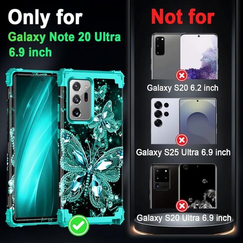 حافظة Miqala لهاتف Galaxy Note 20، تتوهج في الظلام بثلاث طبقات شديدة التحمل مضادة للصدمات لحماية الجسم بالكامل من البلاستيك الصلب + حافظة واقية من السيليكون الناعم لهاتف Samsung Galaxy Note 20، فراشة داكنة in Saudi Arabia