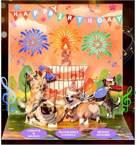 Coralogo Dog Woof Song بطاقة عيد ميلاد موسيقية - DIY العمر والشموع القابلة للنفخ وأضواء الألعاب النارية، بطاقة عيد ميلاد الكلب المنبثقة، هدايا ممتعة مفاجئة ثلاثية الأبعاد لطيفة للنساء والأطفال والبنات والصبية DogLover مع مغلف ملاحظة فارغة in Kuwait