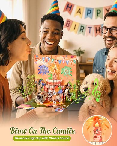Coralogo Dog Woof Song بطاقة عيد ميلاد موسيقية - DIY العمر والشموع القابلة للنفخ وأضواء الألعاب النارية، بطاقة عيد ميلاد الكلب المنبثقة، هدايا ممتعة مفاجئة ثلاثية الأبعاد لطيفة للنساء والأطفال والبنات والصبية DogLover مع مغلف ملاحظة فارغة in Kuwait