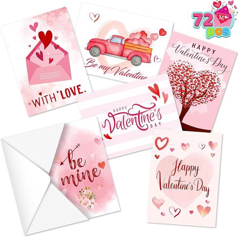 JOYIN Set of 72 Valentine's Day Cards with Envelopes, Pink Greeting Card for Hearts Day, Kids Classroom Exchange, Wedding Cards, Valentines Party Favor, 6 Designs in Saudi Arabia