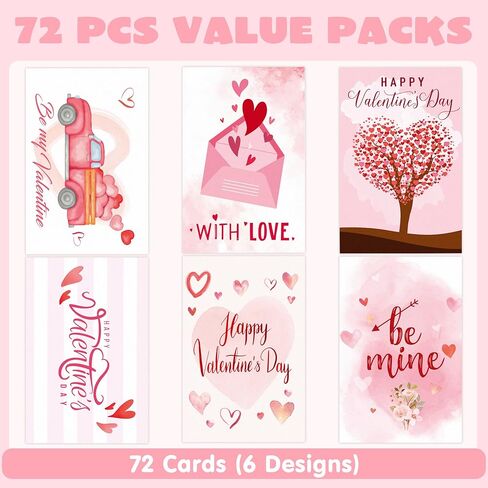 JOYIN Set of 72 Valentine's Day Cards with Envelopes, Pink Greeting Card for Hearts Day, Kids Classroom Exchange, Wedding Cards, Valentines Party Favor, 6 Designs in Saudi Arabia