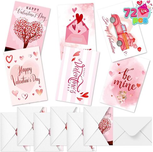 JOYIN Set of 72 Valentine's Day Cards with Envelopes, Pink Greeting Card for Hearts Day, Kids Classroom Exchange, Wedding Cards, Valentines Party Favor, 6 Designs in Saudi Arabia