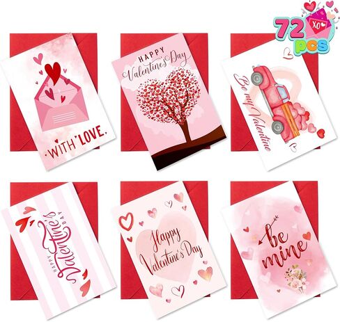 JOYIN Set of 72 Valentine's Day Cards with Envelopes, Pink Greeting Card for Hearts Day, Kids Classroom Exchange, Wedding Cards, Valentines Party Favor, 6 Designs in Saudi Arabia