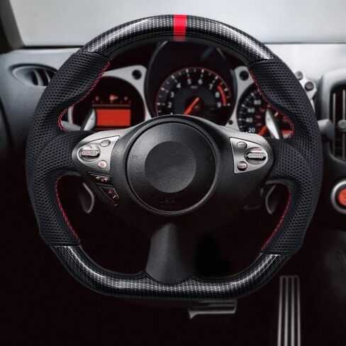 Hydro-Dip Carbon Fiber Steering Wheel for 2009-2022 Nissan 370Z, Maxima and More with Ergonomic Grip Design, D-Shaped Flat Bottom, Red Custom Stitching in Saudi Arabia