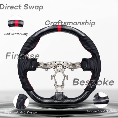 Hydro-Dip Carbon Fiber Steering Wheel for 2009-2022 Nissan 370Z, Maxima and More with Ergonomic Grip Design, D-Shaped Flat Bottom, Red Custom Stitching in Saudi Arabia