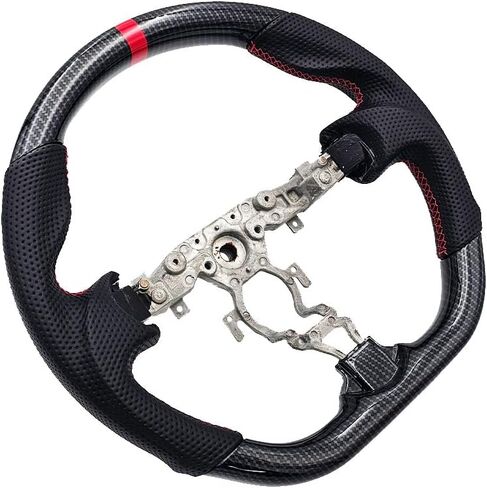 Hydro-Dip Carbon Fiber Steering Wheel for 2009-2022 Nissan 370Z, Maxima and More with Ergonomic Grip Design, D-Shaped Flat Bottom, Red Custom Stitching in Saudi Arabia