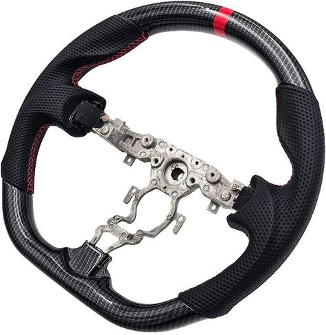 Hydro-Dip Carbon Fiber Steering Wheel for 2009-2022 Nissan 370Z, Maxima and More with Ergonomic Grip Design, D-Shaped Flat Bottom, Red Custom Stitching in Saudi Arabia