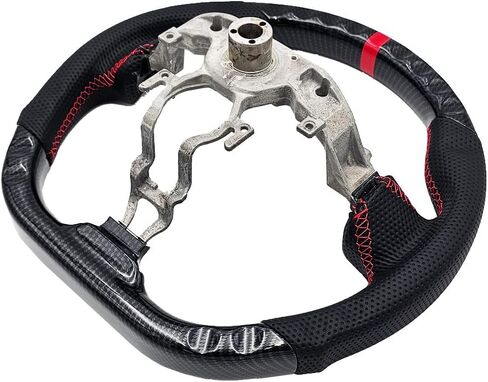 Hydro-Dip Carbon Fiber Steering Wheel for 2009-2022 Nissan 370Z, Maxima and More with Ergonomic Grip Design, D-Shaped Flat Bottom, Red Custom Stitching in Saudi Arabia
