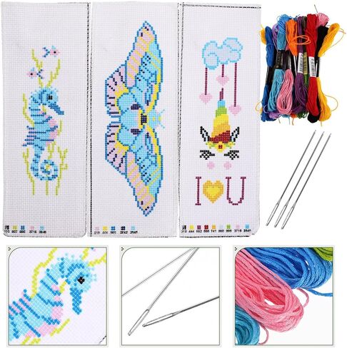 3Sets DIY Embroidery Bookmarks Kit Cross-Stitch Bookmarks Materials with Butterfly Seahorse and Cloud Designs for Crafting and Sewing Enthusiasts in Saudi Arabia