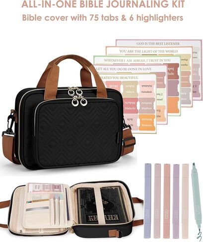 Bible Cover Case for Women, Large Bible Bag Carrying Case with Shoulder Strap, Bible Study Supplies Bible Journaling Kit Book Carrying Case with Bible Highlighters Tabs Gift for Lady (Black) in Kuwait