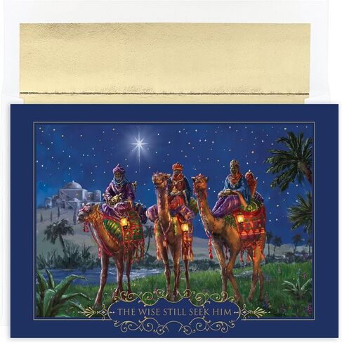 مجموعة Masterpiece Studios Holiday Classic Collection عدد 16 بطاقات عيد الميلاد الدينية في صناديق مع أظرف مبطنة بالرقائق المعدنية، 7.8 بوصة × 5.6 بوصة، Wisemen at Night (857800) in Kuwait