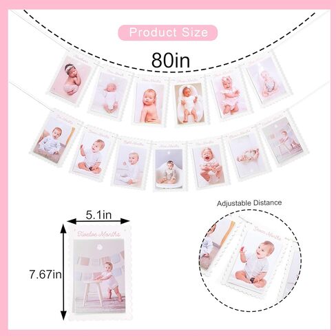 DIY First Year Monthly Photo Banner, Baby Girls One Year Pink Scalloped Frame Display, 80 Inch Length, Baby Milestone Picture Garland with Adjustable Distance/1 To 12 Months Photo Banner in Saudi Arabia