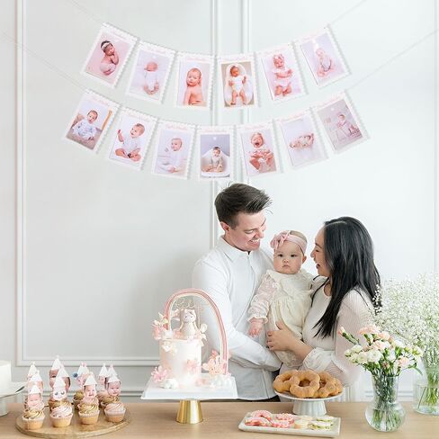 DIY First Year Monthly Photo Banner, Baby Girls One Year Pink Scalloped Frame Display, 80 Inch Length, Baby Milestone Picture Garland with Adjustable Distance/1 To 12 Months Photo Banner in Saudi Arabia