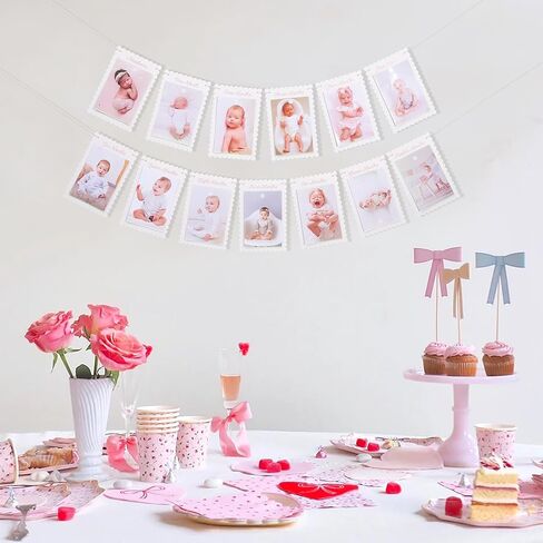 DIY First Year Monthly Photo Banner, Baby Girls One Year Pink Scalloped Frame Display, 80 Inch Length, Baby Milestone Picture Garland with Adjustable Distance/1 To 12 Months Photo Banner in Saudi Arabia