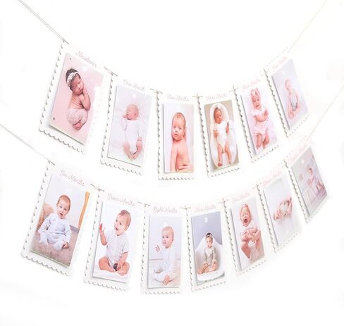 DIY First Year Monthly Photo Banner, Baby Girls One Year Pink Scalloped Frame Display, 80 Inch Length, Baby Milestone Picture Garland with Adjustable Distance/1 To 12 Months Photo Banner in Saudi Arabia