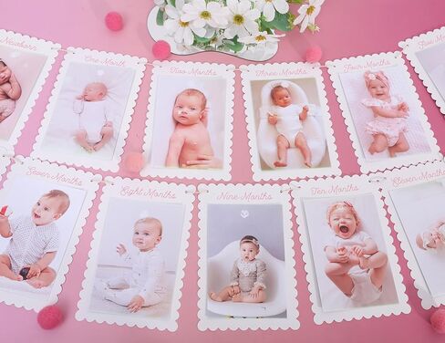 DIY First Year Monthly Photo Banner, Baby Girls One Year Pink Scalloped Frame Display, 80 Inch Length, Baby Milestone Picture Garland with Adjustable Distance/1 To 12 Months Photo Banner in Saudi Arabia
