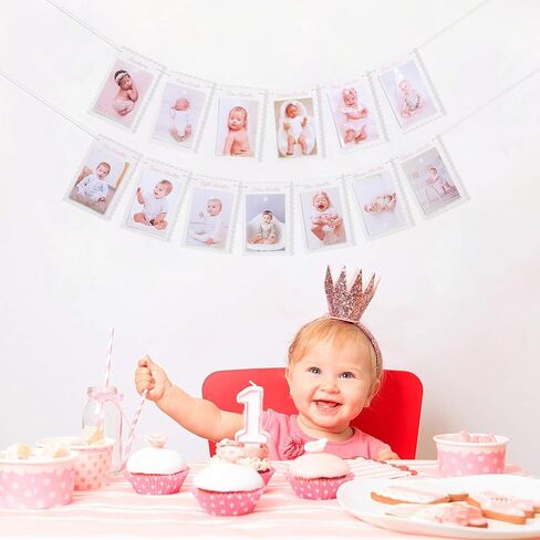 DIY First Year Monthly Photo Banner, Baby Girls One Year Pink Scalloped Frame Display, 80 Inch Length, Baby Milestone Picture Garland with Adjustable Distance/1 To 12 Months Photo Banner in Saudi Arabia