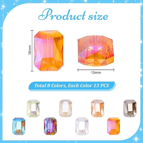 PH PandaHall 18x13mm الخرز الزجاجي الأوجه، 104 قطعة 8 ألوان مسطحة كبيرة كريستال الخرز مستطيل الحرفية حبة فاصل فضفاض حبة للمجوهرات سوار قلادة القرط صنع صياغة in Saudi Arabia