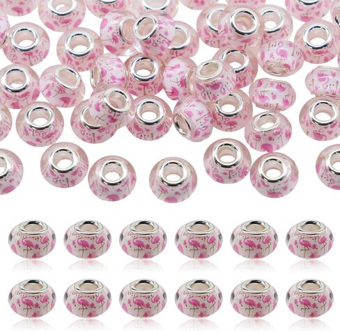 Decoendiy 50Pcs European Beads, Large Hole Print Beads, Flower Leaves Painted Beads, Flamingo Animal Printed Beads, Christmas Snowman Beads for DIY Crafts Supplies (Flamingo) in Kuwait