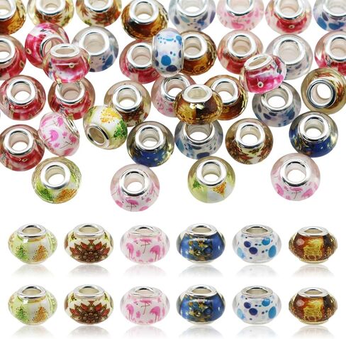 Decoendiy 50Pcs European Beads, Large Hole Print Beads, Flower Leaves Painted Beads, Flamingo Animal Printed Beads, Christmas Snowman Beads for DIY Crafts Supplies (Flamingo) in Saudi Arabia