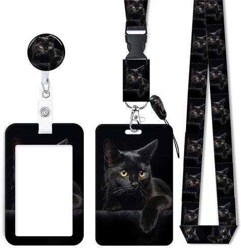 ID Badge Holder with Retractable Lanyard, Badge Holders Reel with 360 Degrees Rotate Carabiner Clip for Women, Teachers, Nurses, Doctor,Students, Office(Cute Black Cat) in Saudi Arabia