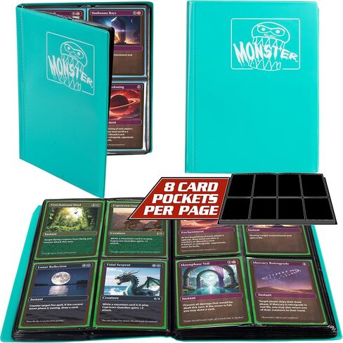 Monster 4 Pocket Trading Card Binder - Matte Teal Album, Anti-Theft & Anti-Drop TCG Protection w Side Loading Padded Pockets, Double Sided, Holds 160 Cards, For Sports, Gaming, Kpop, Gift in Kuwait