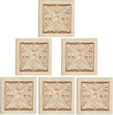 6Pcs Wood Square Appliques for Furniture, 3.1"x3.1" Carved Wooden Onlays for Cabinet Wall Mirror Dresser Decor, Unpainted DIY Moulding Decals, Solid Wood Embellishments in Saudi Arabia