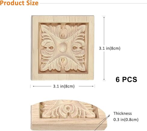 6Pcs Wood Square Appliques for Furniture, 3.1"x3.1" Carved Wooden Onlays for Cabinet Wall Mirror Dresser Decor, Unpainted DIY Moulding Decals, Solid Wood Embellishments in Saudi Arabia