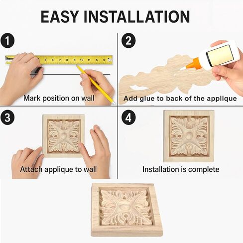 6Pcs Wood Square Appliques for Furniture, 3.1"x3.1" Carved Wooden Onlays for Cabinet Wall Mirror Dresser Decor, Unpainted DIY Moulding Decals, Solid Wood Embellishments in Saudi Arabia