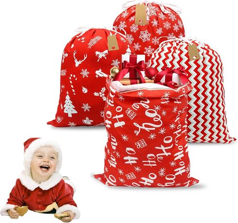 Ambifirner Drawstring Christmas Gift Bags Cloth: Large 4 Pcs 16 x 20 Inches Wrapping Santa Sack Red Reusable Christmas Bags For Xmas Presents Families Party in Kuwait