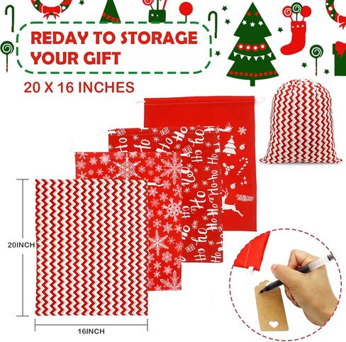 Ambifirner Drawstring Christmas Gift Bags Cloth: Large 4 Pcs 16 x 20 Inches Wrapping Santa Sack Red Reusable Christmas Bags For Xmas Presents Families Party in Kuwait