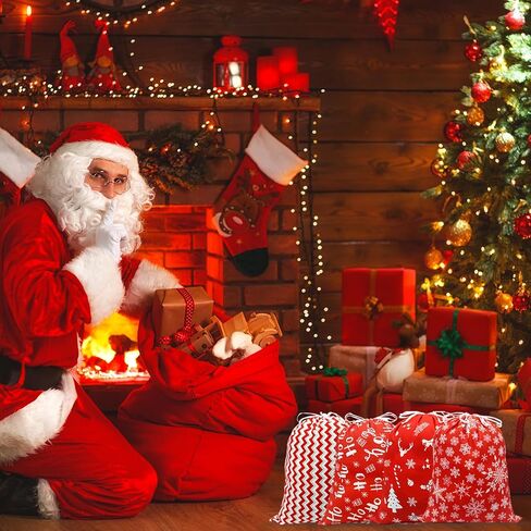 Ambifirner Drawstring Christmas Gift Bags Cloth: Large 4 Pcs 16 x 20 Inches Wrapping Santa Sack Red Reusable Christmas Bags For Xmas Presents Families Party in Kuwait