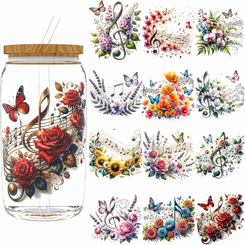 12pcs Music Notes Flower Floral UV DTF Cup Wraps Transfer Waterproof Sticker for Glass Cups Furniture Craft DIY Crafts，Rub on Transfer Stickers for DIY Water Bottle Laptop Decal Wood Car in Saudi Arabia