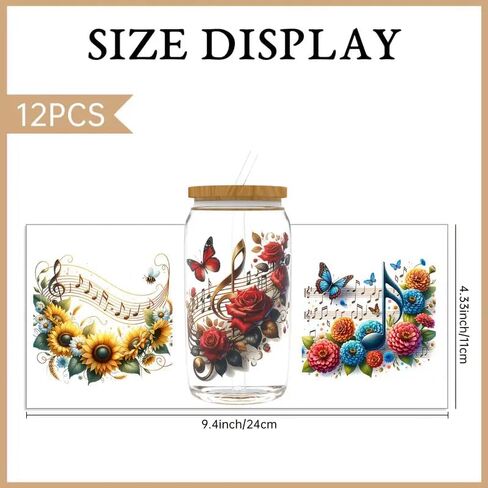 12pcs Music Notes Flower Floral UV DTF Cup Wraps Transfer Waterproof Sticker for Glass Cups Furniture Craft DIY Crafts，Rub on Transfer Stickers for DIY Water Bottle Laptop Decal Wood Car in Saudi Arabia