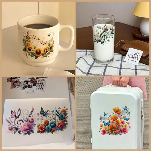 12pcs Music Notes Flower Floral UV DTF Cup Wraps Transfer Waterproof Sticker for Glass Cups Furniture Craft DIY Crafts，Rub on Transfer Stickers for DIY Water Bottle Laptop Decal Wood Car in Saudi Arabia