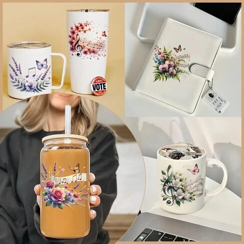 12pcs Music Notes Flower Floral UV DTF Cup Wraps Transfer Waterproof Sticker for Glass Cups Furniture Craft DIY Crafts，Rub on Transfer Stickers for DIY Water Bottle Laptop Decal Wood Car in Saudi Arabia