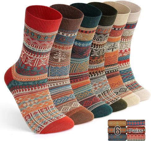 6 Pack Wool Socks for Men Women, Warm Cotton Socks Winter Cabin Socks, Vintage Fall Patterned Socks Unisex Knit Socks in Kuwait