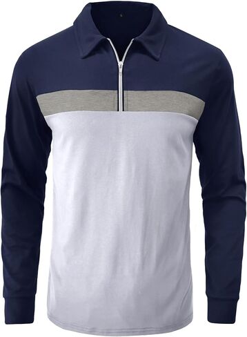 Nuofengkudu Men's Color Block Polo Shirt Long Sleeve Casual Patchwork 1/4 Zip Collar Work T Shirts in Saudi Arabia