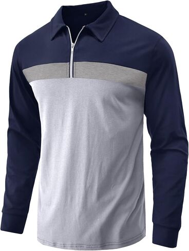 Nuofengkudu Men's Color Block Polo Shirt Long Sleeve Casual Patchwork 1/4 Zip Collar Work T Shirts in Saudi Arabia