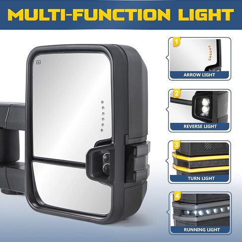 Tow Mirrors for 2007-2013 Chevrolet Silverado GMC Sierra 1500/2500 HD/3500 (07 New Body) Side Mirror with Sequential Turn Signal Dotted white running lights Power Heated Chrome Pair Set in Kuwait