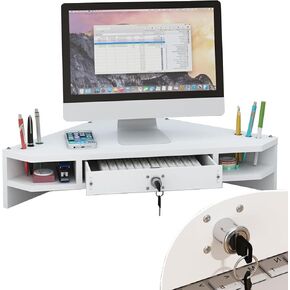 White Triangle Monitor Stand with Locking Drawer, Ergonomic Corner Monitor Riser, Universal Desktop Organizer Shelf for Study Room/Office in Saudi Arabia