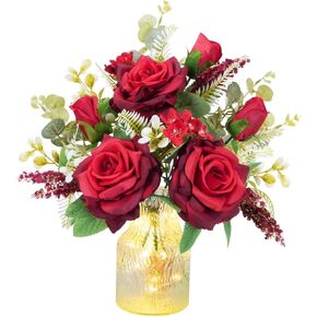 HUAESIN Artificial Flowers with Vase Valentine's Day Decorations Flowers Fake Roses Bouqets with LED Lights Silk Floral Arrangement Home Table Centerpieces Anniversary Wedding Party in Kuwait