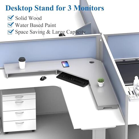 Large Computer Monitor Stand for 3 Monitors, Corner Desk Monitor Riser Ergonomic, Sturdy Wood Computer Screen Shelf for Office Supplies, Notebook, Plants, Cups(Gray,11cm (4 3/8in)) in Saudi Arabia