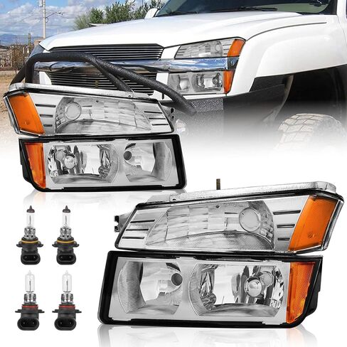Headlight Assembly Compatible with 2002 2003 2004 2005 2006 Chevy Avalanche with Body Cladding Pickup Bumper Lights w/High/Low Bulb 9005+9006 (included) Black/Clear/Clear in Saudi Arabia
