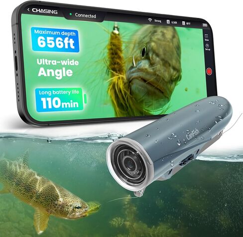 كاميرا الصيد Chasing Fishing CamX تحت الماء، HD 1080P و136 درجة زاوية واسعة للغاية، 656FT ROV مقاومة للماء/استشعار الحركة/تسجيل ذكي مجزأ/شحن لاسلكي/تطبيق متوافق مع iOS وAndroid in Kuwait